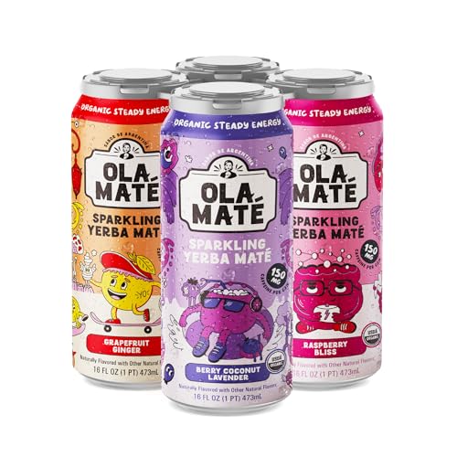Yerba Mate Energy Drink - Low Sugar Sparkling Tea Cans Variety Pack with Ashwagandha, Lion’s Mane, Amino Acids &amp; B Vitamins, USDA Organic Clean Energy Drink with 150mg Natural Caffeine, Ola Mate (4 Pack Variety)