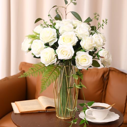 JUSTOYOU 20 PCS White Rose Artificial Flower,Silk Blooming Rose with Stem,Artificial Rose Bouquet Realistic Flower for Home Table Office Party Wedding Garden Arrangements(Blossom Roses white) - Image 3