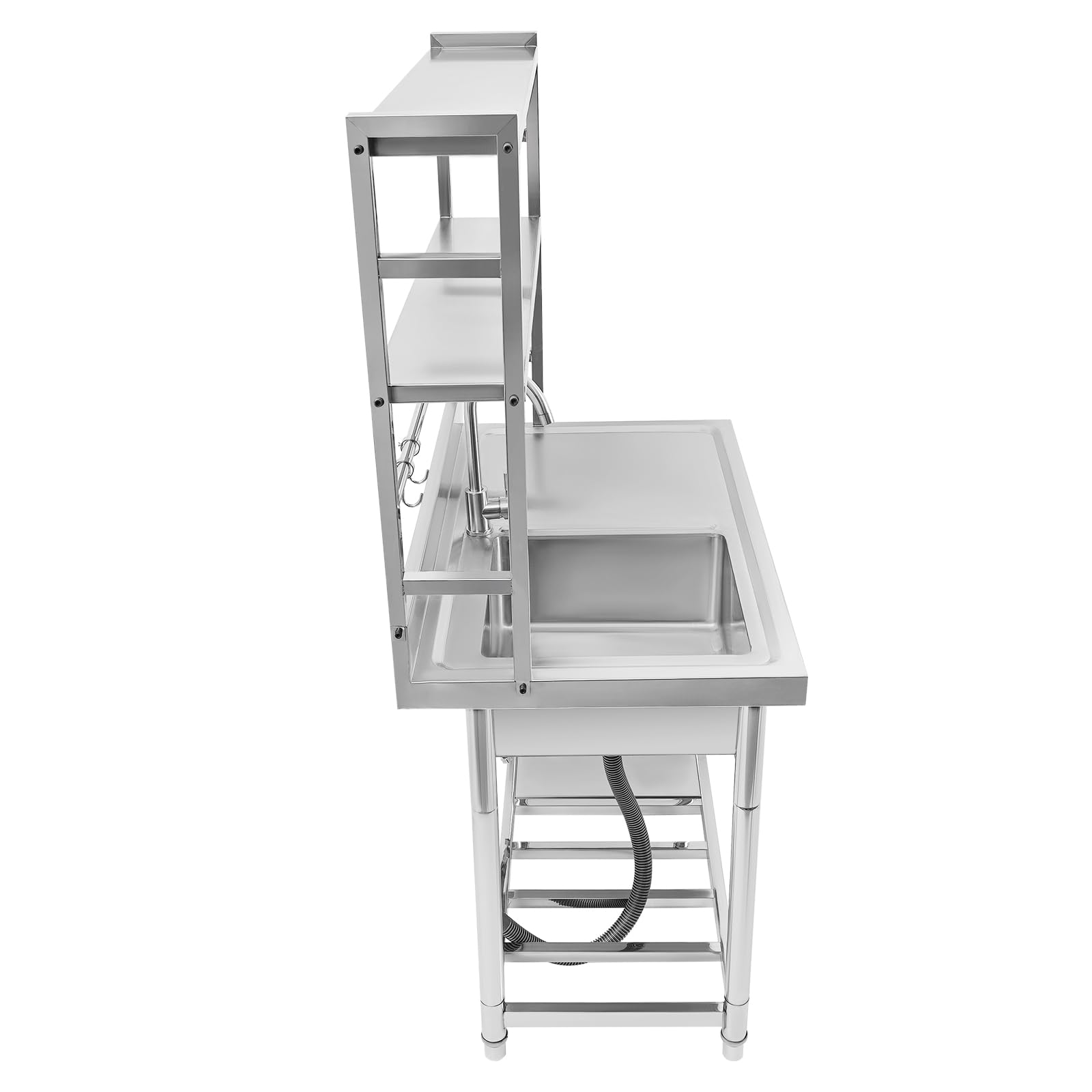 Évier de cuisine sur pied en acier inoxydable avec robinet et 4 crochets, 1 bac, pour cuisine, jardin, extérieur, atelier, buanderie (gauche)
