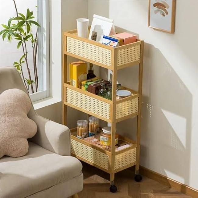 Bamboo 3 Tier Storage Carts with Wheels, Lockable Slim Bathroom Cart Organizer, Rolling Cart Storage Shelf, Snack Cart, Kitchen Shelves for Narrow Places(Black,50cm-19.7in)-3PhTAGEs