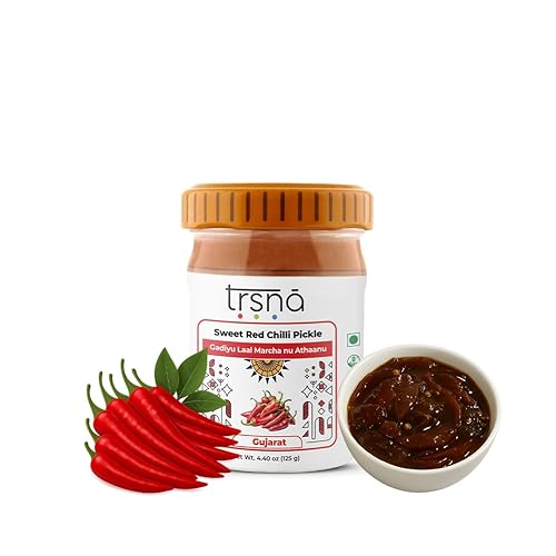 Trsna Pepinillo de chile rojo dulce, 4.41 oz  Gadiyu Laal Marcha nu Athaanu  Auténticos sabores gujarati Achar  Sabor dulce y picante  Pepinillo