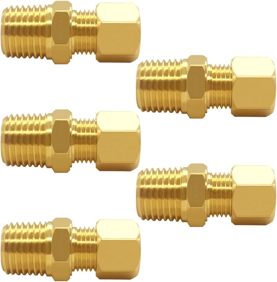 Joywayus Brass 1/4" NPT Male x 3/8" Tube OD Compression Tube Pipe Fitting Union Connector (Pack of 5)