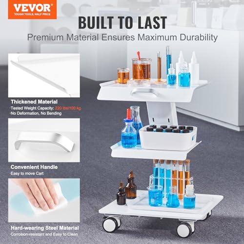 Image of VEVOR Trolley Cart with Swivel Wheels, 3-Layer Mobile Esthetician Cart, Steel Metal Rolling Tray for Lab, Clinic, Beauty and Salon, 220 lbs Weight Capacity