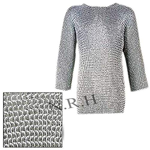 Medieval Chain Mail Armor Full Sleeves Long Shirt Solid Alternate Rings Flat Ring Riveted Halloween Costume.