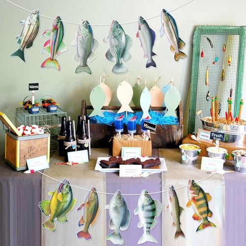Image of Hooqict Gone Fishing Hanging Banner Garland Fish Birthday Party Banner for Happy Birthday Decorations Fishing Theme Party Supplies Under The Sea Baby Shower Fathers Day Decorations