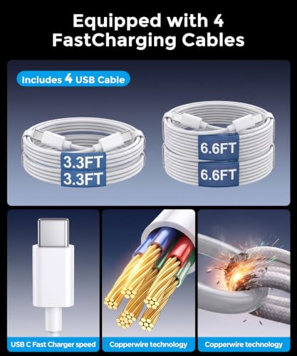 Image of USB C Charging Station 10 Port with 4 Cables,245W GaN Charger Block | Type C Wall Charger Power Strip Adapter Plug for iPad iPhone17 16 15 14 13 12 Pro Max Pixel Note Galaxy White