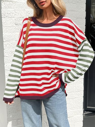 Image of Saodimallsu Womens Striped Oversized Sweaters Color Block Crew Neck Long Sleeve Loose Knit Pullover Sweater