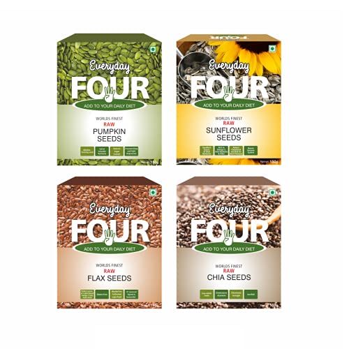 Everyday Four Raw Seeds Combo | Pumpkin, Sunflower, Flax, Chia Seed- 150g | Premium Immunity Combo Seeds | 600g Healthy Diet for Daily Eating (Pack of 4, 150g Each)