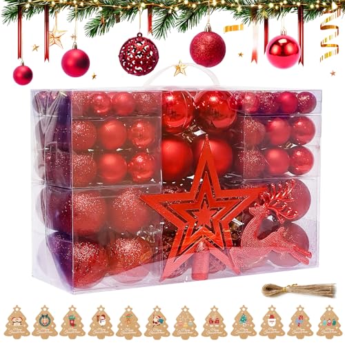 ZUSUZU Bolas de Navidad Rojo,102 Piezas Juego de Bolas de Navidad de Plástico,Bolas Arbol de Navidad para Juego de Adornos para Colgar Decorativos para árboles de Navidad Decoraciones para Fiestas