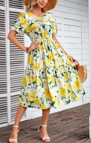 Image of Kormei Women Summer Casual Boho Floral Round Neck Short Sleeve Smocked Waist Tiered Flowy Swing Midi Dress