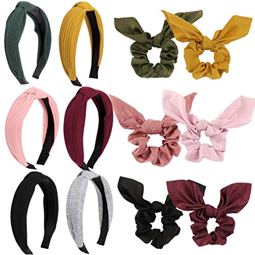 Cubaco 12 Pack Knotted Headbands for Women and Bow Hair Scrunchies Set, Solid Wide Headwrap Bowknot Head Band Elastic Hair Bands Ponytail Holder for Girls Women