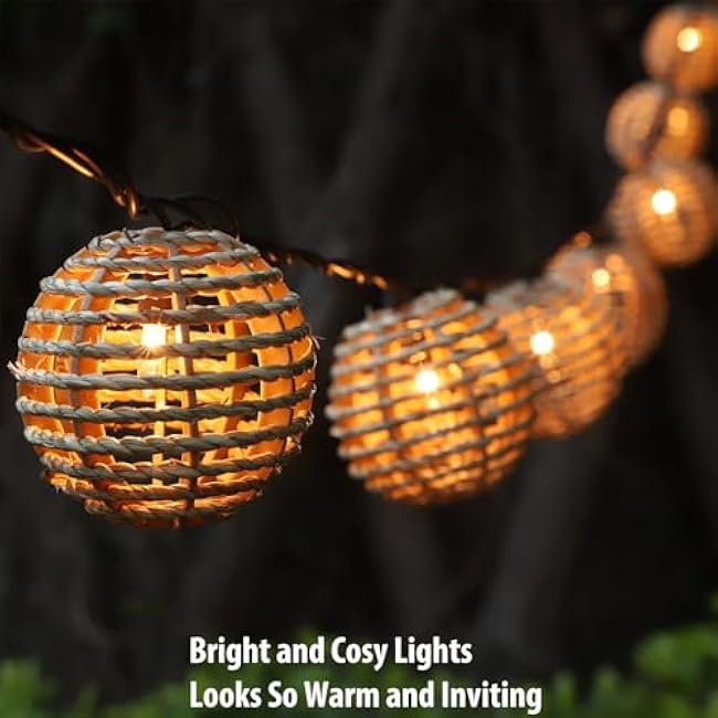Decorative Outdoor Patio String Lights, Seagrass Rattan Wire Ball Style Lantern String Lights, Connectable Weatherproof Indoor Outdoor Globe Boho String Light for Home Pergola Garden Party Backyard