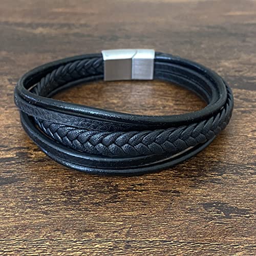 Forziani High Quality American Cowhide Black Leather Bracelet For Men - Woven Multi-Layer Wrap Braided Mens Wristband Stainless Steel Clasp - Sz Medium - Gifts For Men - Gift Box Packaging Included #TOP4