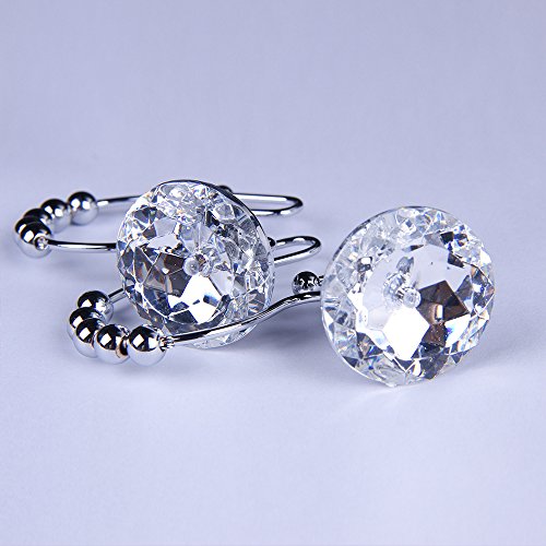 Rustproof Stainless Steel Decorative Shower Curtain Hooks Double Glide Shower Curtain Rings With Acrylic Crystal Rhinestones To Hang Curtain And Liner At Same Time, Set Of 12 (White) #TOP3