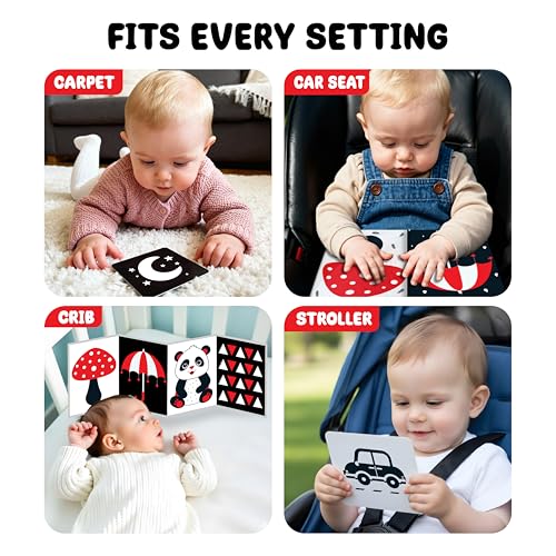 Image of High Contrast Flash Cards Busy Book for Newborn Babies | 2 Carousel + 32 Object Cards + 2 Stands | Visual & Sensory Stimulation, Tummy Time Toy for Infant Child Age 0, 3, 6, 12, 18 Months