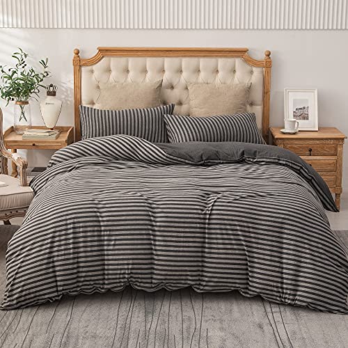 Pure Era Jersey Knit Duvet Cover Set 100% T-Shirt Heather Cotton Super Soft Comfy Classic Striped Design, With Zipper Closure, Charcoal Dark Grey Stripe, Cal King #TOP5