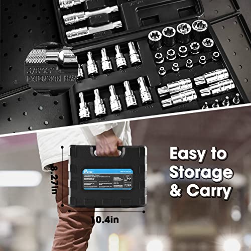 Ptstel 53Pcs Master Torx Bit Socket Set, Female E-Torx Sockets, Star Sockets 1/4, 3/8, 1/2 Inch External Torx Socket Drive With Adapter, Socket Extension Bar, Sliding T-Handle Wrench With Storage Case #TOP6