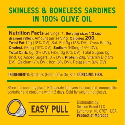 Image of Season Sardines in Olive Oil Skinless & Boneless, 4.37 Oz Tins, 12-Pack | Wild Caught, 22g of Protein, Keto Snacks, More Omega 3's Than Tuna, Kosher, High in Calcium, Canned Sardines