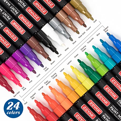 Zeyar Oil-Based Paint Markers, Fine Point 24 Colors, Ap Certified, Permanent Ink & Waterproof, Works On Rock Painting, Wood, Glass, Metal, Ceramic And More (24 Colors Fine Point) #TOP6