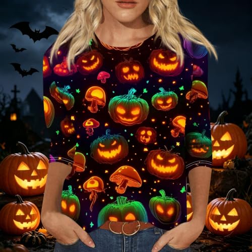 Image of Women Spooky Halloween Graphic Shirt 3 /4 Length Sleeve Crewneck Top | Halloween Funny Printed Pumpkin Plus Size Tshirts 2026 Fall Outfits Skeleton Tee Going Out Tops