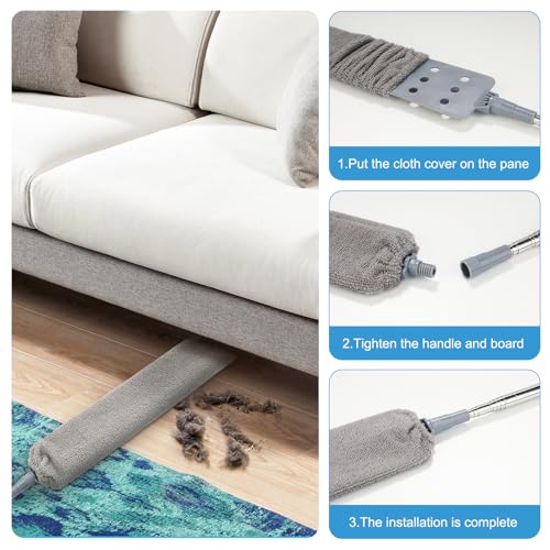 Image of Retractable Gap Dust Cleaner with 15-98 Inch Extension Pole, Flat Duster for Under Appliances and Furniture, Includes 2 Washable Microfiber Pads for High Ceilings and Hard to Reach Spaces