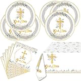 God Bless Tableware Set, First Holy Communion Theme 20 Plates,20 Napkins And Tablecloth, For Newborn Baptism Church Cross Golden Floral Party Decoration