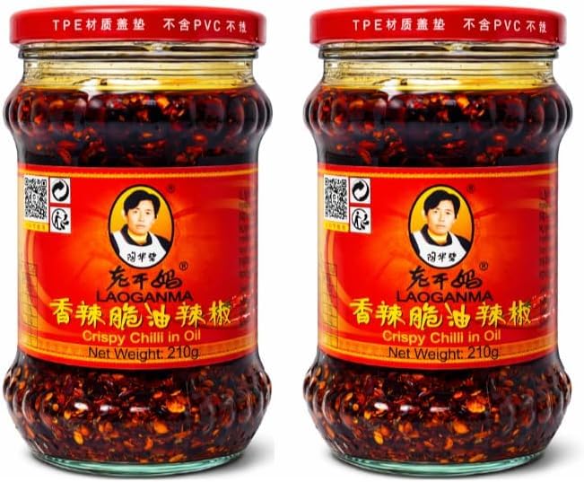 Lao Gan Ma Crispy Chilli Oil 210g (Pack of 2) Spicy Chilli Oil with Crispy Soybeans | Authentic Chinese Chilli Sauce | Perfect for Noodles Rice & Dumplings | Crispy Texture with Soybeans
