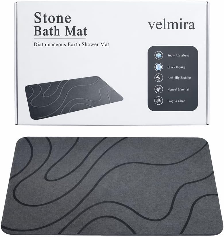 Stone Bath Mat, Quick Dry Shower Mat, Diatomaceous Earth Shower Mat, Non-Slip Hard Surface, Ultra Absorbent Bathroom Floor Mat for Tub, Entry, or Sink – 23.6" x 15.4", Gray (Wave)