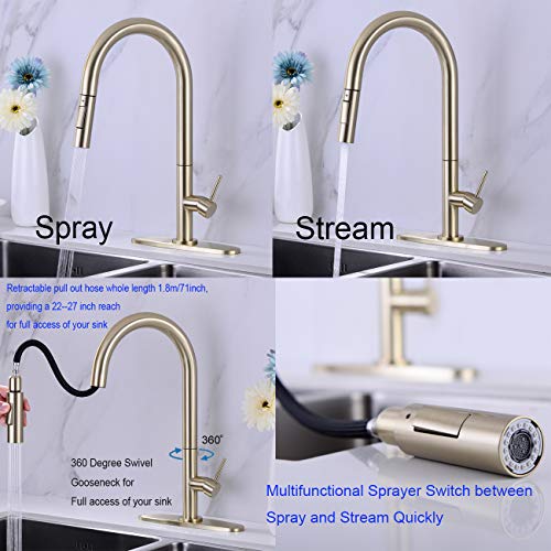 Delle Rosa Kitchen Faucet, Champagne Gold Kitchen Faucet With Pull Down Sprayer, 360 Rotate Gold Kitchen Faucet Pre-Rinse Pull Out Kitchen Faucet With Deck Plate #TOP2
