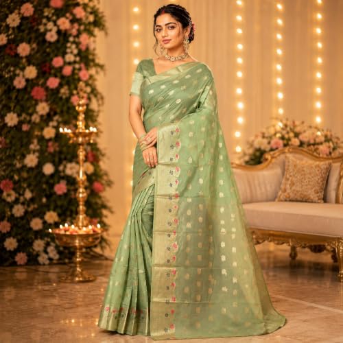 Image of Sarees for Women Wear Organza Silk Banarasi Sari Kanjivaram Soft Pure Paithani Wedding Original Kanchipuram Pattu Sadi with Blouse Piece 2026 (Gulab)