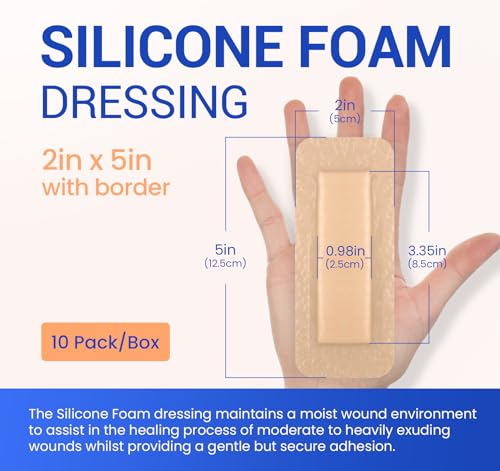 Image of Large Waterproof Bandages 2X5 Silicone Foam Dressing Sensitive Skin, 10 PCS