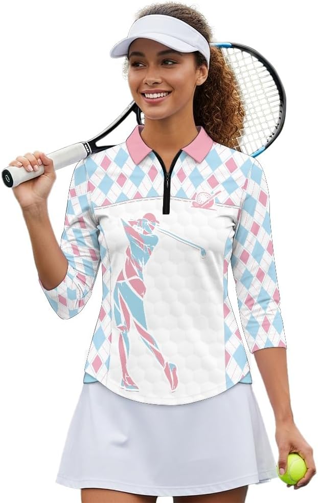 Women's Golf Polo Shirt 3/4 Sleeve Quarter Zip Golf Top Lightweight Moisture Wicking Breathable Stretch Golf Apparel