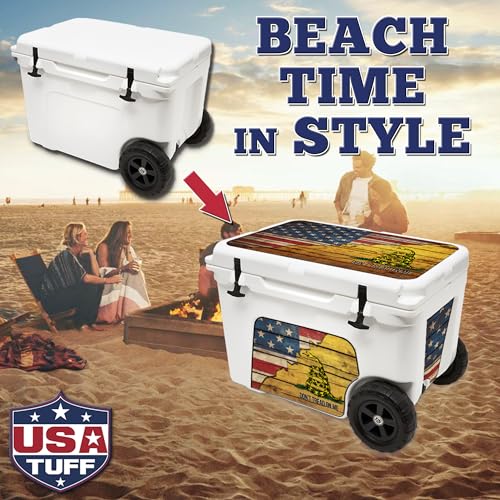 Image of USATuff Vinyl Cooler Lid & Insert Kit Compatible w YETI Haul Wheeled Tundra - Easy Peel & Stick Application Cooler Skin Decal Wrap, Durable Pre-Cut Pieces, for Outdoor Use - Gadsden Don't Tread Split