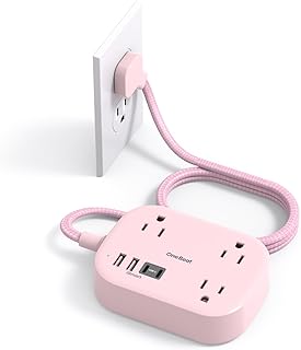 Cruise Ship Essentials,Travel Power Strip with USB C,Flat Plug Extension Cord with 3 Outlets 4 USB Ports(2 USB C),6 ft Desk Wall Outlet Extender,Non Surge Protector for Cruise,Dorm Room,ETL,Pink