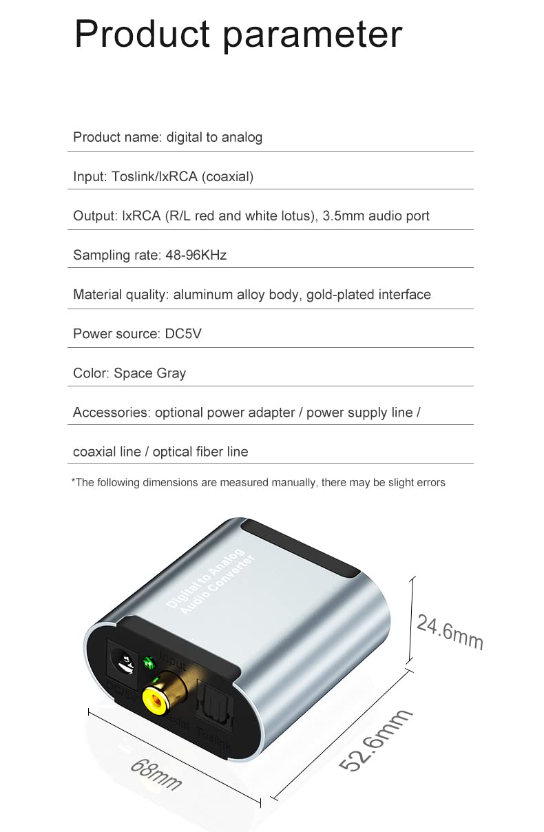 Tianle 192KHz DAC Converter, Digital SPDIF Toslink to Analog Stereo Audio Converter, R/L Adapter with Optical Cable, 3.5mm Jack Compatible with HDTV PS4 Xbox DVD Blu-ray, Silver