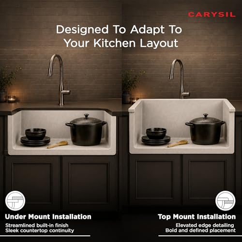Image of Carysil DOLCE UK Quartz Kitchen Sink 15 x 18 x 8 inches, Single Bowl, 80% Quartz & 20% Resin, Heat Resistant 300C, 50kg Load, Scratch & Stain Resistant, Granite Sink, 304 SS Coupling - Cream