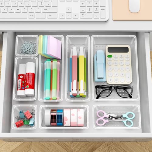 Image of ElegantArray 12 PCS Drawer Organizer Set, 4 Sizes Tool Storage Trays, Clear Plastic Makeup Vanity Organizer and Storage Bins for Makeup, Stationeries, Multiple Gadgets for Bathroom, Office, Bedroom