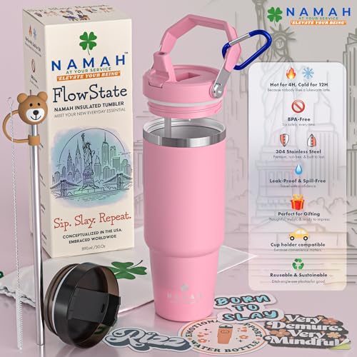 Image of Namah Insulated Tumbler with Straw 890 ml & Handle Leak Proof Stainless Steel Vacuum Sipper Bottle Hot & Cold Water Tumbler for Office Gym Travel Car Cup Holder Friendly (Bubblegum-pop)