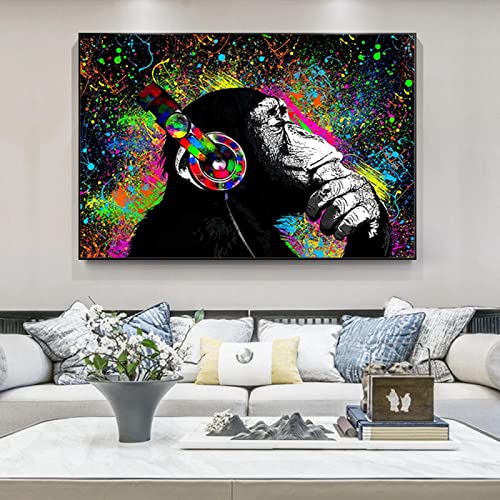 Toile singe avec écouteurs graffiti 50x70cm sans cadre pour décoration murale de chambre