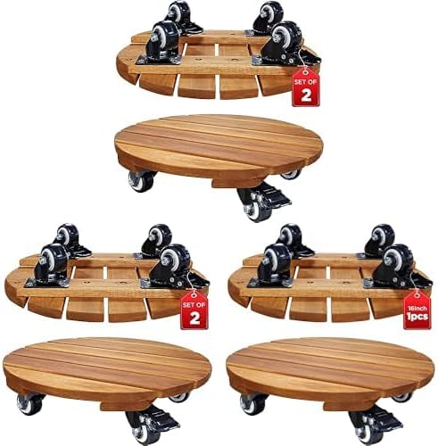 Acacia Hardwood Plant Dolly, Wood Plant Caddy 12inch (2packs) + 14inch (2packs) + 16inch (2packs)