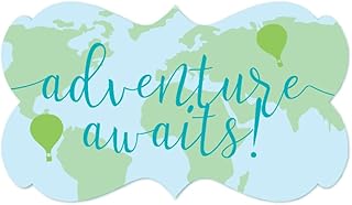Andaz Press Hot Air Balloon Adventure World Map Party Collection, Blue Green, Fancy Frame Label Stickers, Adventure Awaits!, 36-Pack