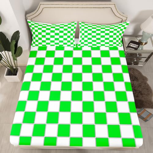 Image of Erosebridal Lime Green Checkered Bedding Set Full Buffalo Plaid Grid Bed Sheets Geometric Gingham Sheet Set Kids Boys Girls,Modern Fashion Fitted Top Sheets 4 Piece