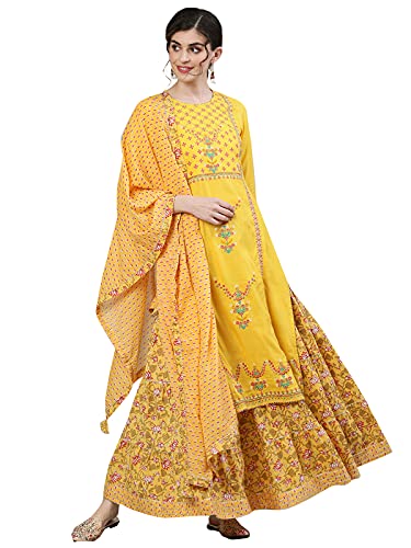 Image of ishin Women's Rayon Yellow Embroidered Straight Kurta set With Skirt and Dupatta