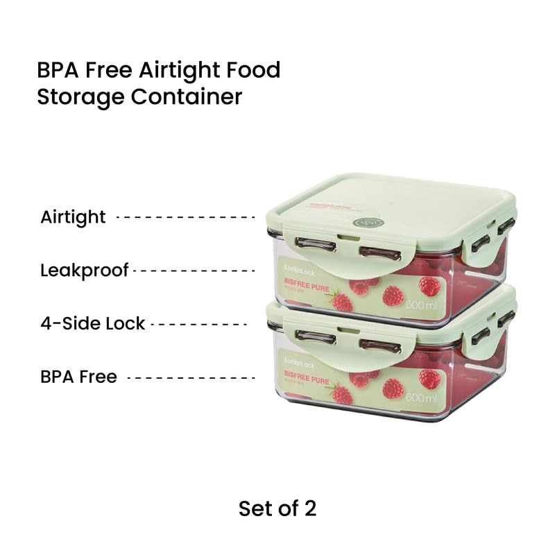 Image of LocknLock Square 600ml Food Storage Containers (Pack of 2) | Airtight, Leakproof, BPA-Free Plastic Boxes | Stackable Square Kitchen Containers for Lunch, Fridge & Pantry Storage