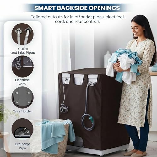 Image of Waterproof & Dustproof Front Load Washing Machine Cover Compatible for LG 12kg (FHD1208STB) | UV-Protective Washing Machine Cover | Anti-Slip Polyester | Easy to Clean & Zipper (Coffee)