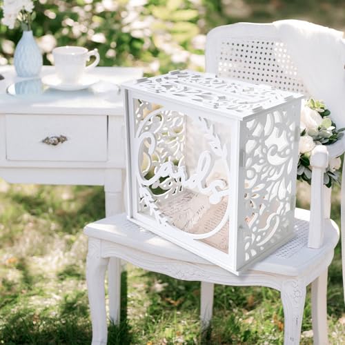 Image of OurWarm Wedding Card Box for Reception, PVC Gift Card Box Holder with Slot and Acrylic Window, White Wedding Envelope Money Card Box for Baby Shower Birthday Graduation Party Decorations