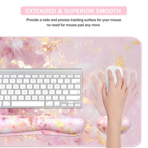 Image of 4-in-1 Large Gaming Mouse Pad, Keyboard Wrist Rest Pad & Wrist Support Mousepad Set, Extended Desk Pad Waterproof Desk Mat for Home Office Study Game-Pink Gold Marble