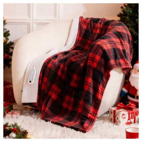 Heated Blanket Electric Throw, Heating Throw with 8 Fast Heating Levels/8 Hours Auto Off, Red Black Plaid Checkered Sherpa Blanket Warmer for Adults, Washable Blanket Gift for Couch Bed (50x60 inches)