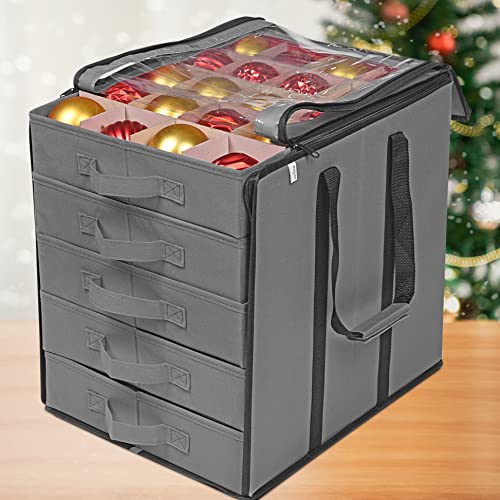 Propik Christmas Ornament Storage Boxes With Dividers - 5 Separate Trays - Ornament Holder - Keeps 100 Holiday Ornaments - Durable Carrying Bag Handles Organizer Storage Box (Gray) #TOP1