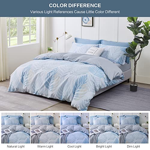 Saphreas Leaves Pattern Duvet Cover Sheet Set King Size Cotton 4 Pcs Light Blue Bedding Comforter Cover Set With Zipper Closure 1 Duvet Cover 1 Fitted Sheet 2 Pillow Shams #TOP6